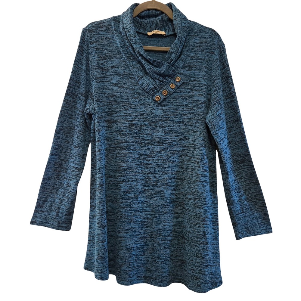Miusey Women's 2XL Lagenlook Teal Blue Space Dye Cowl Neck Button Accent Top